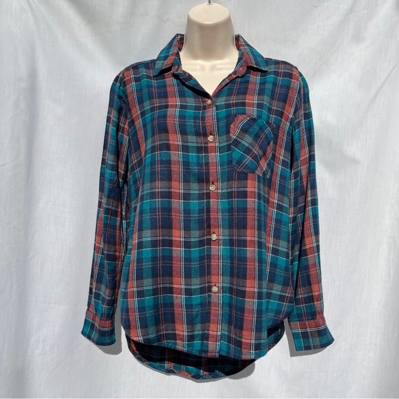 AEO Soft Plaid Flannel Boyfriend Fit Turquoise Rust Button Down Shirt - Size XS - Picture 1 of 14